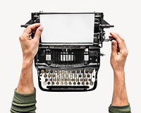 Man typing on a retro typewriter isolated image