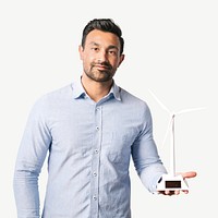 Wind power engineer holding wind turbine model collage element psd