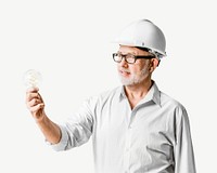 Senior engineer holding light bulb collage element psd
