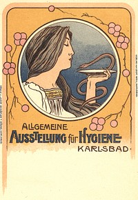 Allgemeine Ausstellung fü̃r Hygiene Karlsbad =: General Exhibition of Hygiene Karlovy VaryCollection:Images from the History of Medicine (IHM) Contributor(s):Zwerdling, Michael, former owner Publication:Karlsbad : Verlag von Leop. Weil, [1900] Language(s):German Format:Still image Subject(s):Hygiene, Exhibits as Topic,Germany, Hygieia (Greek deity) Genre(s):Postcards Abstract:A color postcard featuring Art Nouveau style picture depicting Hygieia holding a serpent. The postcard was issued for the German Hygiene Exposition of 1900. Extent:1 postcard : 14 x 9 cm Provenance:Purchase; Michael Zwerdling; 2004; 04-22. Technique:color NLM Unique ID:101659530 NLM Image ID:D04845 Permanent Link:resource.nlm.nih.gov/101659530