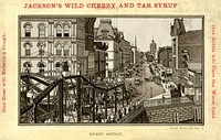 Jackson's Wild Cherry and Tar Syrup: One Bottle will Cure the Worst Cold : One Dose Will Relieve a CoughCollection:Images from the History of Medicine (IHM) Alternate Title(s):Wild Cherry and Tar Syrup Contributor(s):Jackson Manufacturing Co., issuing body. Publication:Columbus, Ohio : The Jackson Manufacturing Co., [between 1870 and 1900?] Language(s):English Format:Still image Subject(s):Nonprescription DrugsAntitussive AgentsCommon Cold -- drug therapy Genre(s):Advertisements Abstract:Advertisement for Jackson's Wild Cherry and Tar Syrup. Card features an illustration of a view of Grand Avenue of Milwaukee, showing a bridge at the bottom, a street with horse-drawn wagons, carriages and pedestrians. Tall buildings stand on both sides of the street. Extent:1 trade card : 8 x 12 cm Technique:chromolithograph, color NLM Unique ID:101701700 Permanent Link:resource.nlm.nih.gov/101701700 