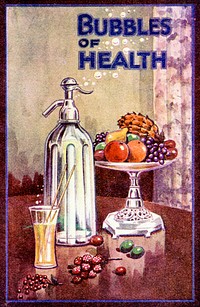 Bubbles of HealthCollection:Images from the History of Medicine (IHM) Contributor(s):National Union of Mineral Water Manufacturers' Associations, Ltd., issuing body. Publication:[Birmingham, England] : The National Union of Mineral Water Manufacturers' Associations, [between 1900 and 1930?] Language(s):English Format:Still image Subject(s):Carbonated Water,Carbonated Beverages,Mineral Waters Genre(s):Advertisements Abstract:Advertisement for carbonated soda water. Card features two color illustrations. On the recto, there is a syphon bottle and a glass of yellow soda water on a table. Next to the bottle, there is a silver pedestal fruit bowl and some berries on the table. On the verso, there are three glass bottles of ginger ale, orange ale and lemonade, and a pile of fruit. The card opens to a spread with text explaining the health benefits of syphoned, aerated waters. Extent:1 trade card : folded to 14 x 9 cm, opens to 14 x 18 cm Technique:chromolithograph, color NLM Unique ID:101702857 Permanent Link:resource.nlm.nih.gov/101702857