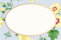 Watercolor yellow hollyhocks frame, oval shape