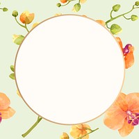 Watercolor orange orchid round frame, aesthetic flower digital paint