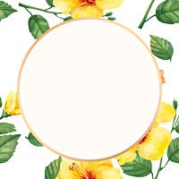 Watercolor floral round frame, yellow hibiscus digital paint