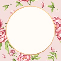 Watercolor floral round frame, pink peony digital paint