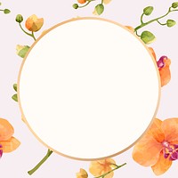 Watercolor floral round frame, orange orchid digital paint