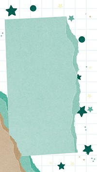 Ripped scrap paper iPhone wallpaper element, rectangular green notepaper collage, border frame grid background