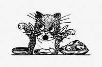 Cat feeding cartoon vintage illustration. Free public domain CC0 image.