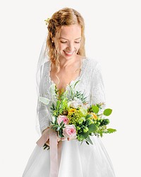 Bride in wedding dress holding bouquet flowers image element