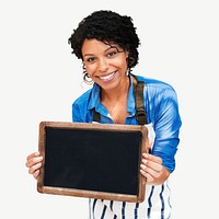 Young woman with blank blackboard collage element psd