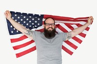 Man in glasses holding American flag psd