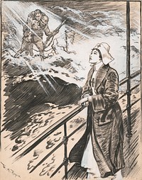 Nurse standing at the railing of a ship, has a vision of wounded soldiers across a stormy sea / W.A. Rogers. (between 1914 and 1918) by W A William Allen Rogers and United States Committee on Public Information Division of Pictorial Publicity