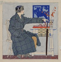 Young woman sitting beside table holding umbrella (between 1910 and 1925) by Edward Penfield