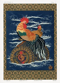 Rooster and hen on a barrel floating in the sea, vintage painting by G.A. Audsley-Japanese illustration. Public domain image from our own original 1884 edition of The Ornamental Arts Of Japan. Digitally enhanced by rawpixel.