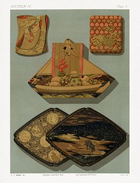 Antique print of Japanese box elements from section IV plate V. by G.A. Audsley-Japanese illustration. Public domain image from our own original 1884 edition of The Ornamental Arts Of Japan. Digitally enhanced by rawpixel.