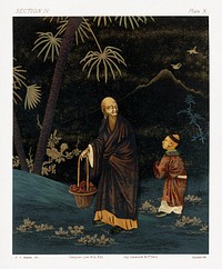 Japanese monk with kid by G.A. Audsley-Japanese illustration. Public domain image from our own original 1884 edition of The Ornamental Arts Of Japan. Digitally enhanced by rawpixel.