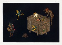 Antique print of monsters coming ouut of a box from section V plate III. by G.A. Audsley-Japanese illustration. Public domain image from our own original 1884 edition of The Ornamental Arts Of Japan. Digitally enhanced by rawpixel.