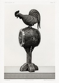 Antique print of Koro (incense burner), in the form of a large cockerel on a drum from section VI plate II. by G.A. AudsleyJapanese sculpture. Public domain image from our own original 1884 edition of The Ornamental Arts Of Japan. Digitally enhanced by rawpixel.