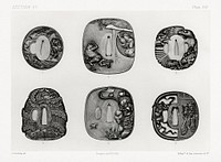 Antique print of Japanese sword mountings from section VI plate XIII. by G.A. Audsley-Japanese sculpture. Public domain image from our own original 1884 edition of The Ornamental Arts Of Japan. Digitally enhanced by rawpixel.