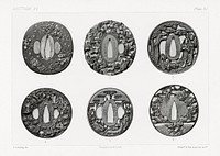 Antique print of Japanese sword mountings from section VI plate XI. by G.A. Audsley-Japanese sculpture. Public domain image from our own original 1884 edition of The Ornamental Arts Of Japan. Digitally enhanced by rawpixel.