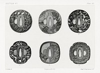 Antique print of Japanese sword mountings from section VI plate XII. by G.A. Audsley-Japanese sculpture. Public domain image from our own original 1884 edition of The Ornamental Arts Of Japan. Digitally enhanced by rawpixel.