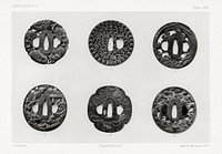 Antique print of Japanese sword mountings from section VI plate XVII. by G.A. Audsley-Japanese illustration. Public domain image from our own original 1884 edition of The Ornamental Arts Of Japan. Digitally enhanced by rawpixel.
