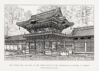 The Yo-Mei Mon, or gate to the third court of the mausoleum of Iye-Yasu, at Nikko-Japanese illustration. Public domain image from our own original 1884 edition of The Ornamental Arts Of Japan. Digitally enhanced by rawpixel.