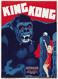 Danish movie poster for King Kong (1933) chromolithograph art by RKO Radio Pictures. Original public domain image from Wikimedia Commons. Digitally enhanced by rawpixel.