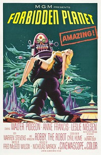 Theatrical poster for the film Forbidden Planet featuring Robby the Robot (1956) chromolithograph art by  Loew's International. Original public domain image from Wikimedia Commons. Digitally enhanced by rawpixel.