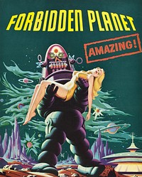 Theatrical poster for the film Forbidden Planet featuring Robby the Robot (1956) chromolithograph art by  Loew's International. Original public domain image from Wikimedia Commons. Digitally enhanced by rawpixel.