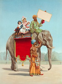 Vertical rectangle. Three children riding an elephant with a mahout who carries a blank signboard. Another mahout in a lungi, carrying a goad, leads the elephant by the ear (1898) vintage illustration. Original public domain image from Wikimedia Commons. Digitally enhanced by rawpixel.