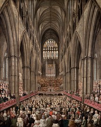 Interior View of Westminster Abbey on the Commemoration of Handel, Taken from the Manager's Box (1790) oil painting background by Edward Edwards. Original public domain image from Yale Center for British Art. Digitally enhanced by rawpixel.