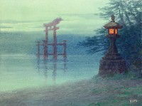 Stone lantern on shore and a torii in a lake (1880) vintage illustration by Yoshihiko Ito. Original public domain image from the Library of Congress. Digitally enhanced by rawpixel.