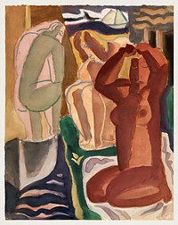 Two bathing women and a bridge figure (1929&ndash;1930) vintage painting by Leo Gestel. Original public domain image from The Rijksmuseum. Digitally enhanced by rawpixel.