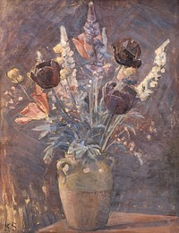 Clay vase with tulips and other flowers (1885 – 1938) vintage illustration by Karl Schou. Original public domain image from The Statens Museum for Kunst. Digitally enhanced by rawpixel.