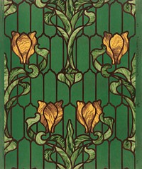 Flower patterned stained glass (1900)  yellow tulip with green foliage. Original public domain image from The Smithsonian Institution. Digitally enhanced by rawpixel.