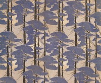 Length of textile printed in the Arts & Crafts style, with a full moon seen through pine trees, reflecting the influence of Japanese design. Original public domain image from Smithsonian. Digitally enhanced by rawpixel.