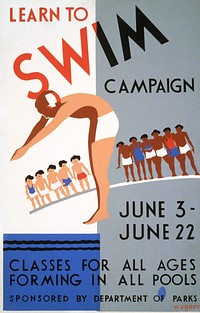 Learn to swim campaign Classes for all ages forming in all pools (1936 and 1940) by Wagner. Original public domain image from the Library of Congress. Digitally enhanced by rawpixel.