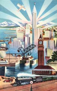 Seattle, Glamour City of Washington, east meets west, far north and orient in metropolitan Seattle, U.S. gateway to Alaska and the empires of the Pacifi (1930&ndash;1945) chromolithograph art. Original public domain image from Digital Commonwealth. Digitally enhanced by rawpixel.