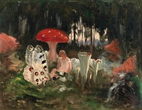 The princess and a butterfly underneath a fly agaric, sketch for the painitng farity tale princess (1895 - 1896) impressionism art by Torsten Wasastjerna. Original public domain image from Finnish National Gallery. Digitally enhanced impressionism art by rawpixel.