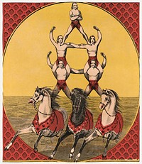 Five acrobats on three horses, chromolithograph art. Original public domain image from Library of Congress. Digitally enhanced by rawpixel.