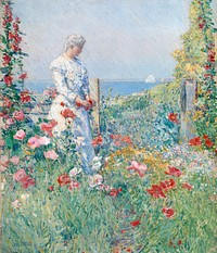 In the Garden (Celia Thaxter in Her Garden) oil painting by Childe Hassam. Original public domain image from Smithsonian. Digitally enhanced by rawpixel.