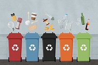 Sorted garbage, recycling bins illustration