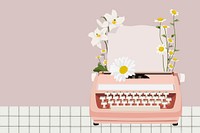 Floral typewriter, aesthetic vector illustration