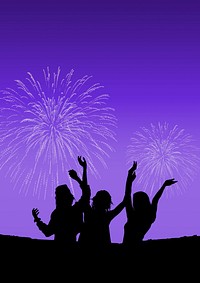 New Year fireworks background, people celebrating silhouette