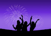 New Year fireworks background, people celebrating silhouette