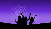 New Year fireworks background, people celebrating silhouette