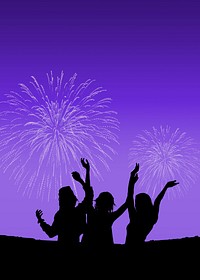 New Year fireworks background, people celebrating silhouette