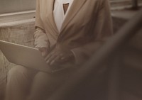 Businesswoman and laptop background, brown border design